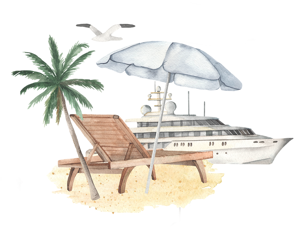 elegant watercolor illustration of a beach scene, lounge chair, umbrella, cruise ship, palm tree