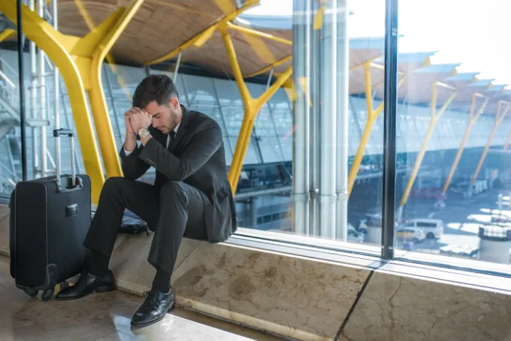 frustrated traveler sits at airport